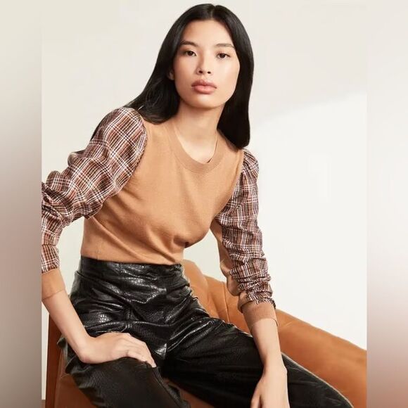 Veronica Beard Size Small Mixed Media Adler Wool Plaid Sleeve Pullover Sweater - Picture 2 of 11